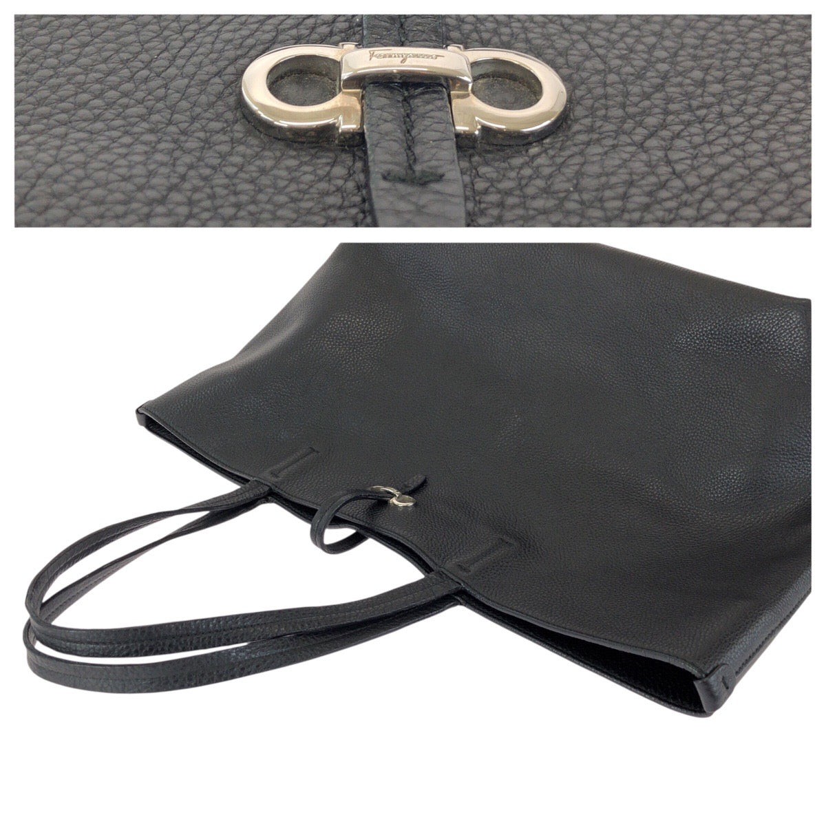24561
Salvatore Ferragamo サルヴァトーレフェラガモ ガンチーニ ブラック 黒 シルバー金具 レザー AU-21/B502 トートバッグ レディース ABP12