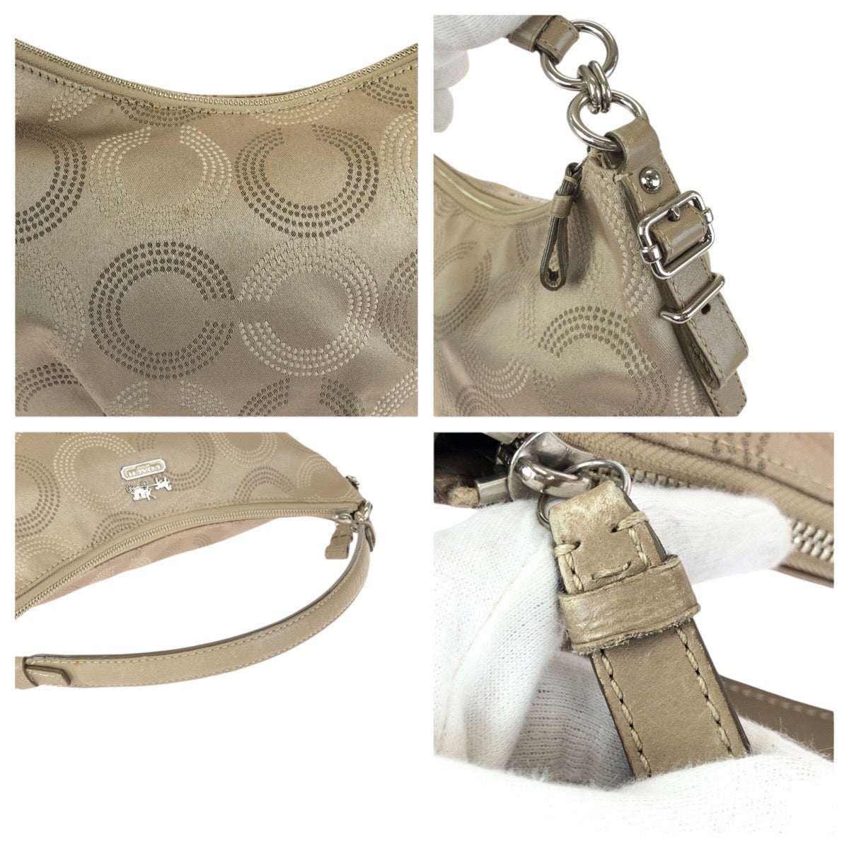 24613
COACH コーチ マディソン ドッテッド オプアート コンバーチブル ホーボー 2way ベージュ シルバー金具 サテン / レザー 15929 ハンドバッグ ショルダーバッグ レディース ABP10