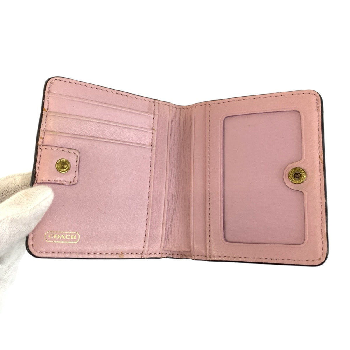 24624
COACH コーチ ホース アンド キャリッジ ゴールド ピンク レザー 折財布 コンパクトウォレット レディース AB2