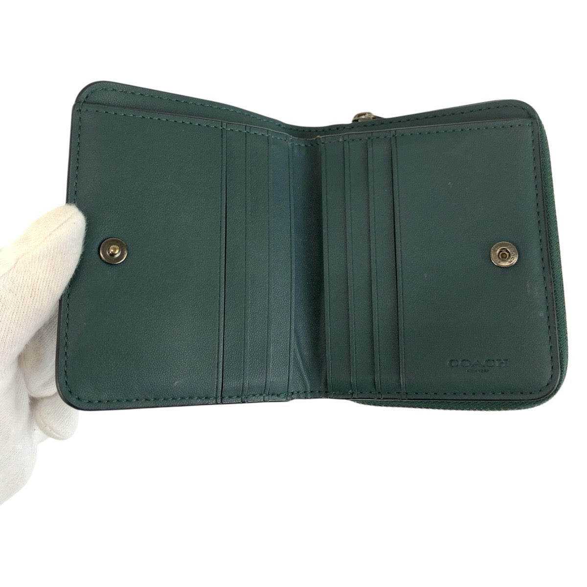 24627
COACH コーチ グリーン レザー J2280 折財布 コンパクトウォレット レディース ABP3