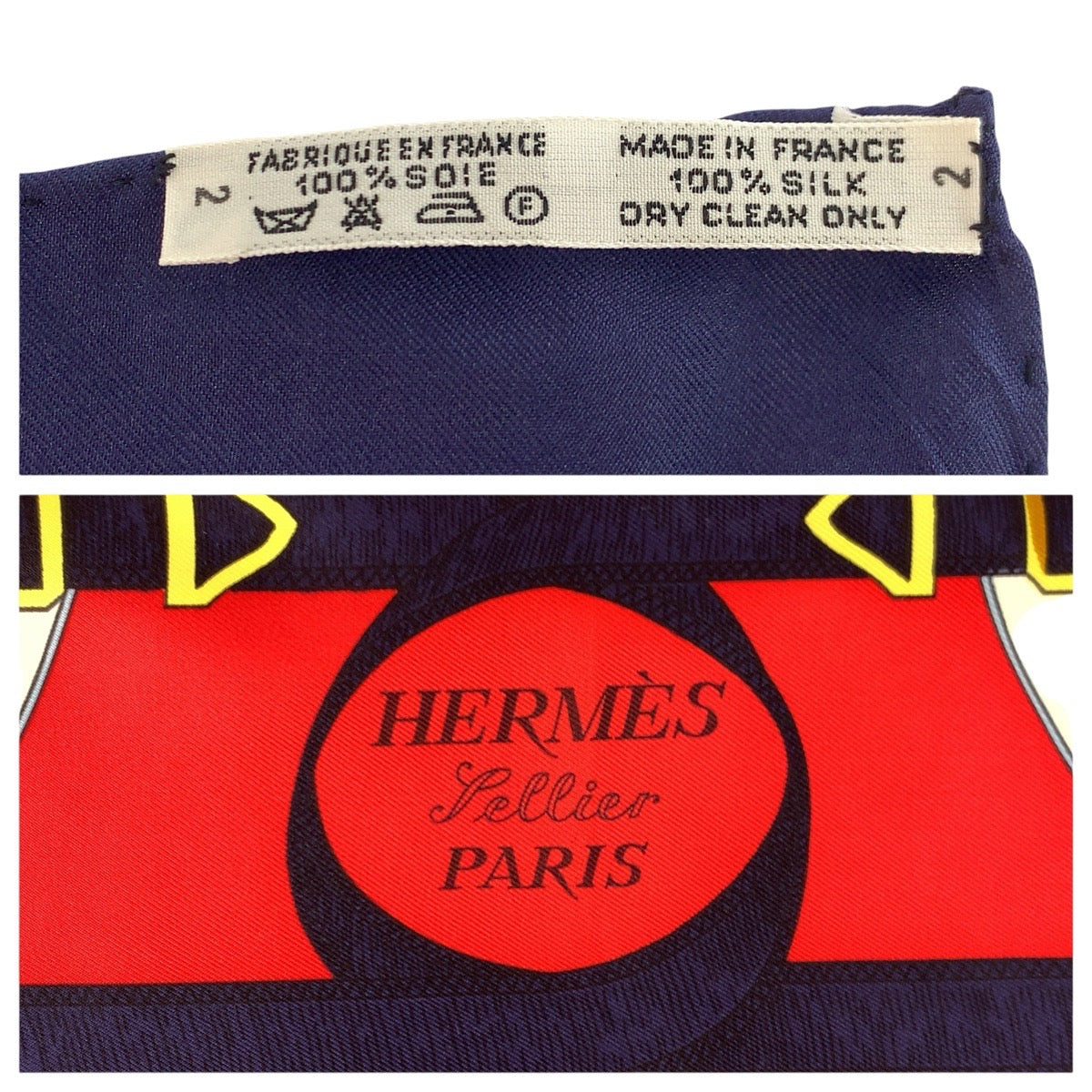 24651
HERMES エルメス 黄金の拍車 カレ90 レッド ネイビー シルク スカーフ レディース A25
