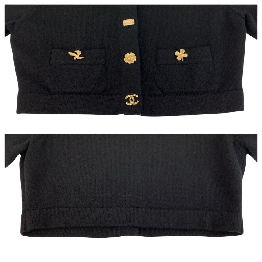 24661
CHANEL シャネル アイコンボタン サイズ34 ブラック ゴールド カシミヤ カーディガン ジャケット レディース A360
