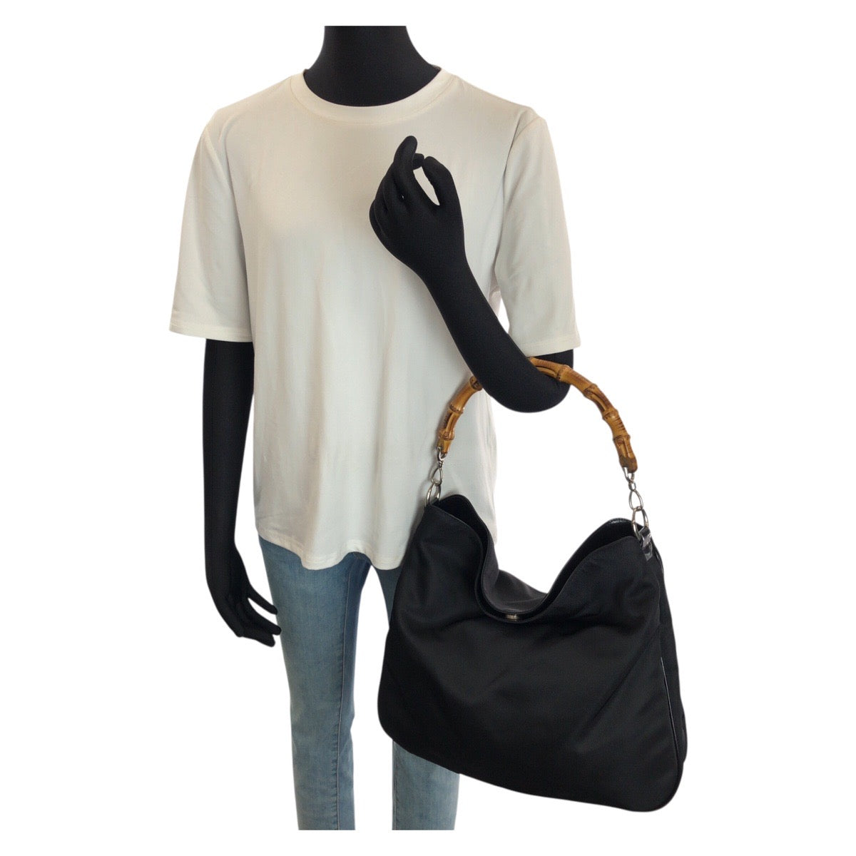 24669
GUCCI グッチ バンブー ブラック 黒 シルバー金具 ナイロン 001 1998 1577 ショルダーバッグ ハンドバッグ レディース ABP21
