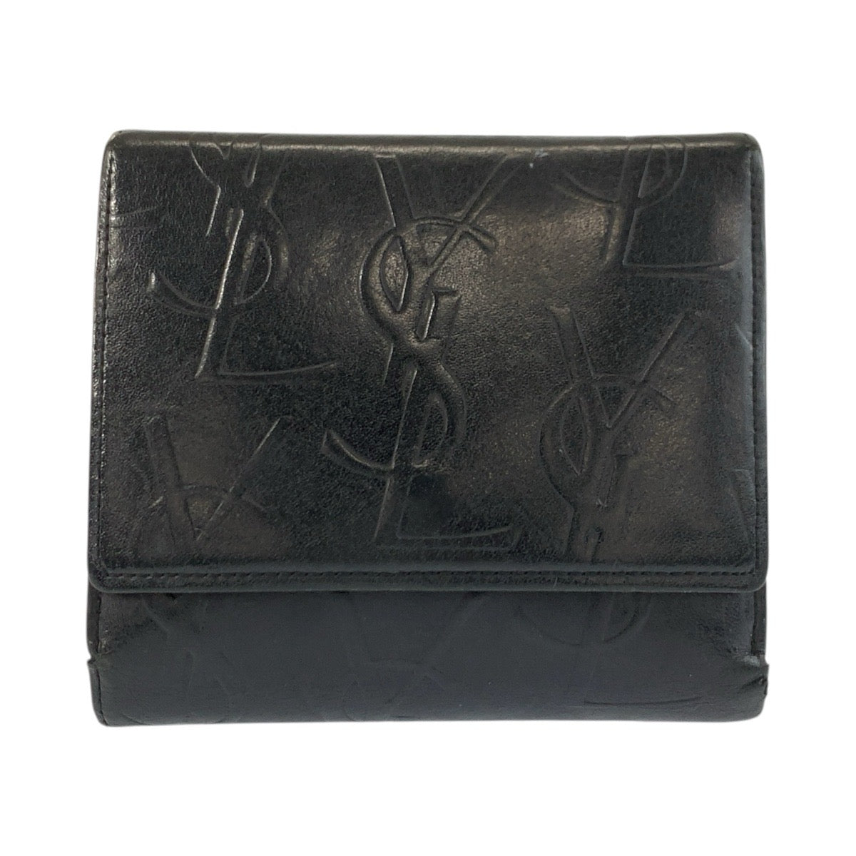 24683
YVES SAINT LAURENT イヴ サンローラン ロゴ 型押し ブラック 黒 レザー 折財布 コンパクトウォレット レディース AB9
