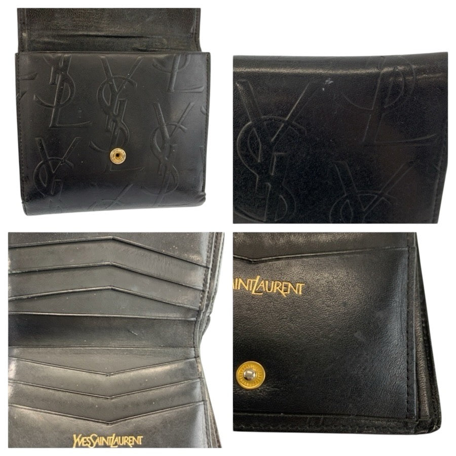 24683
YVES SAINT LAURENT イヴ サンローラン ロゴ 型押し ブラック 黒 レザー 折財布 コンパクトウォレット レディース AB9