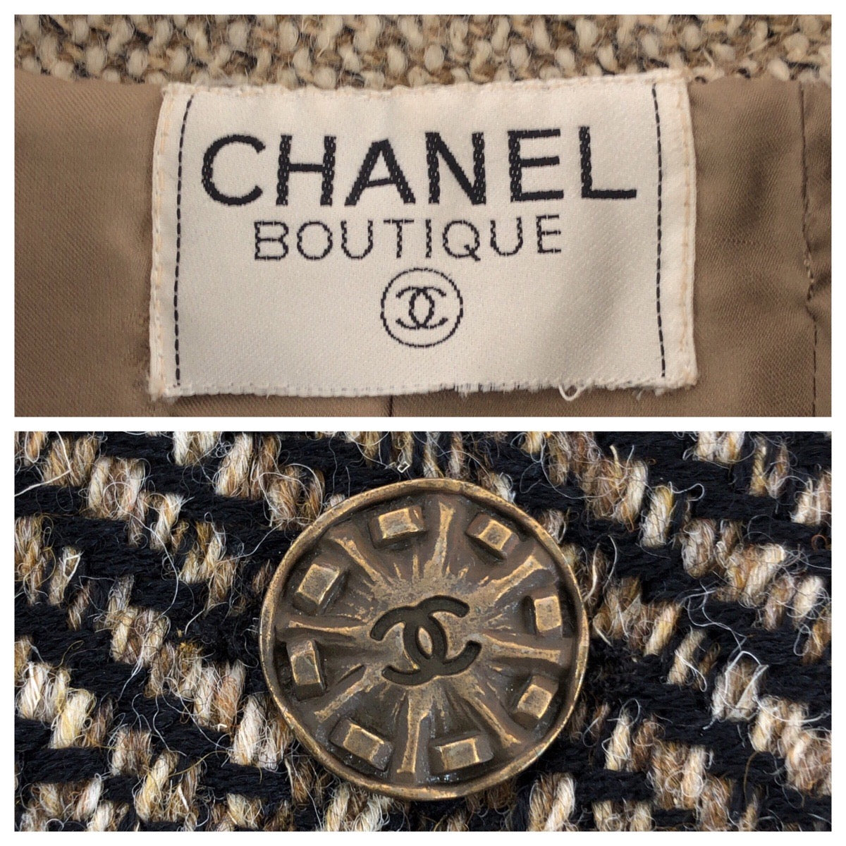 24702
CHANEL シャネル ヴィンテージ ココマーク マフラー付き ベージュ ブラウン ツイード P11505 ツイードジャケット アウター レディース A140