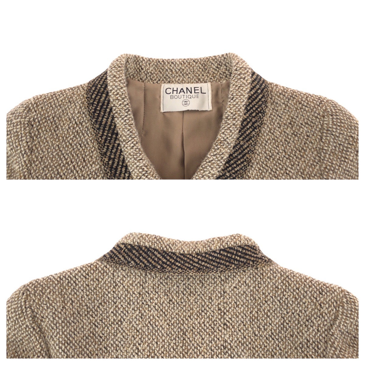 24702
CHANEL シャネル ヴィンテージ ココマーク マフラー付き ベージュ ブラウン ツイード P11505 ツイードジャケット アウター レディース A140