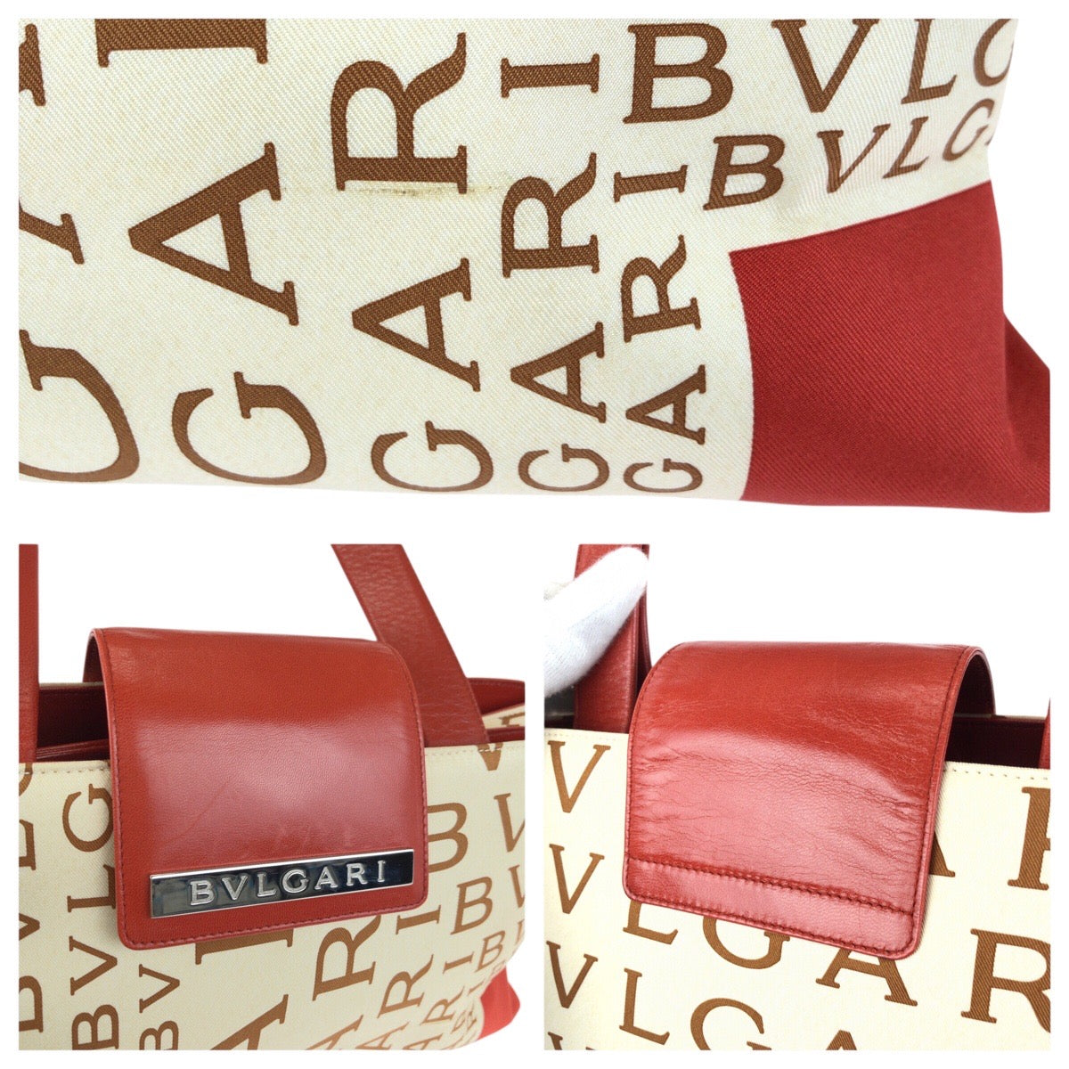 24730
BVLGARI ブルガリ ロゴマニア レッド アイボリー シルバー金具 キャンバス / レザー トートバッグ ショルダーバッグ レディース ABP14