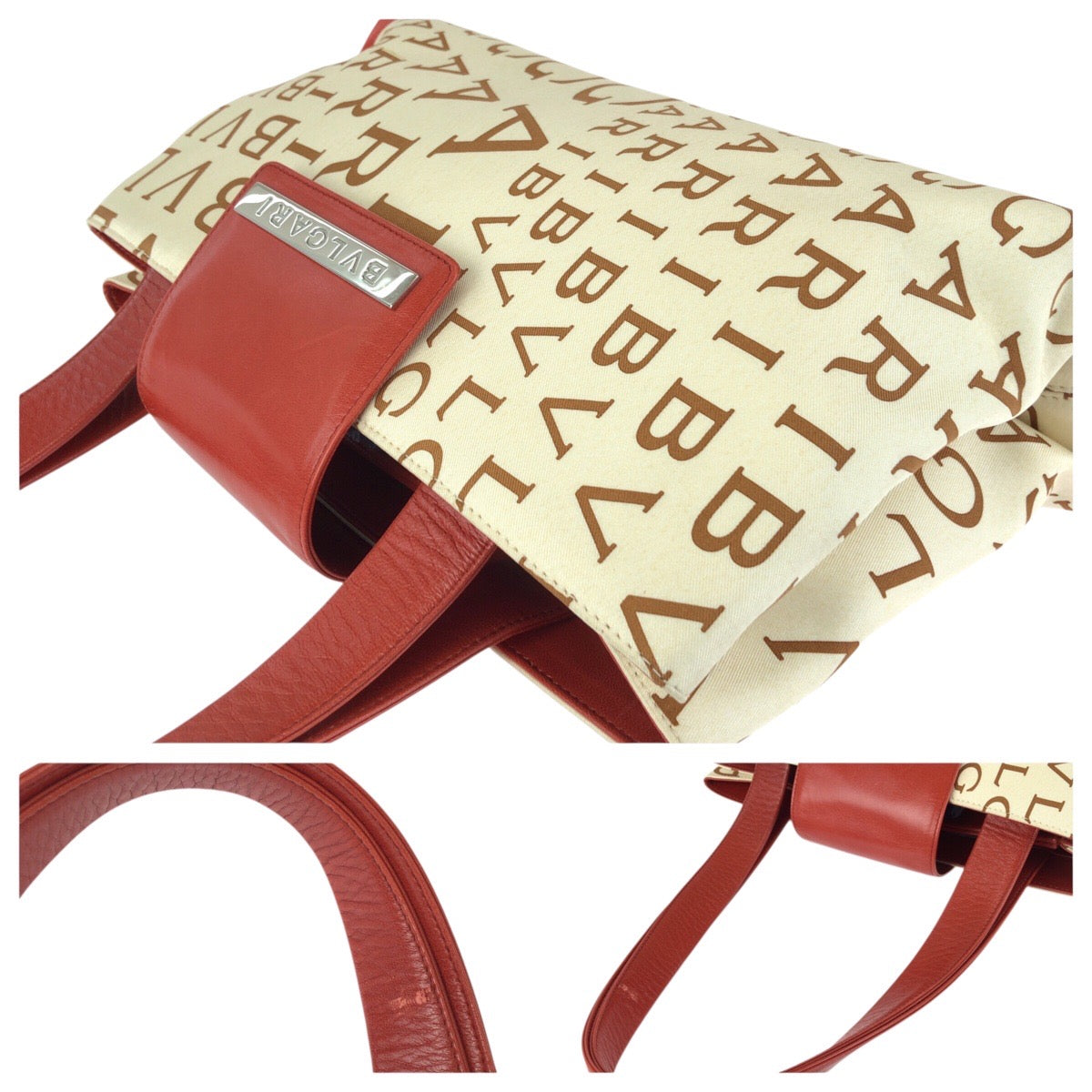24730
BVLGARI ブルガリ ロゴマニア レッド アイボリー シルバー金具 キャンバス / レザー トートバッグ ショルダーバッグ レディース ABP14
