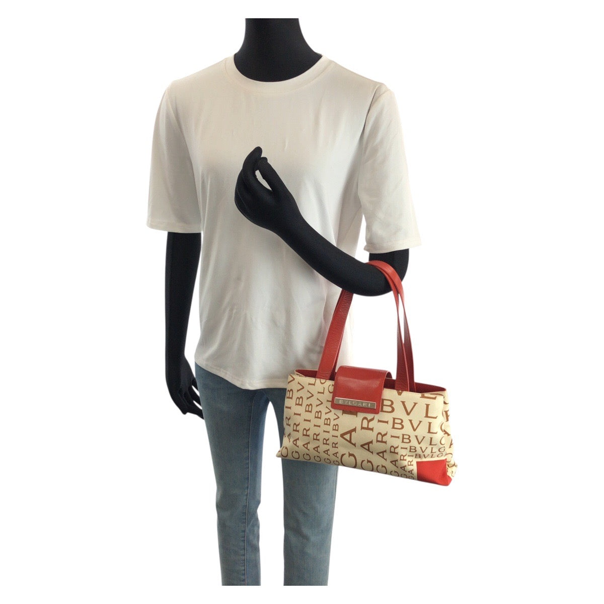 24730
BVLGARI ブルガリ ロゴマニア レッド アイボリー シルバー金具 キャンバス / レザー トートバッグ ショルダーバッグ レディース ABP14