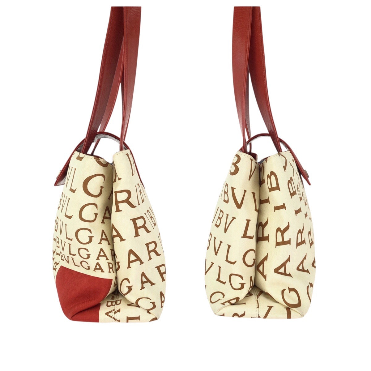 24730
BVLGARI ブルガリ ロゴマニア レッド アイボリー シルバー金具 キャンバス / レザー トートバッグ ショルダーバッグ レディース ABP14