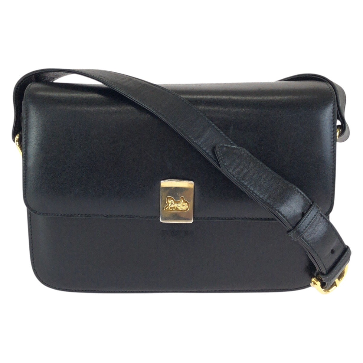 24733
CELINE セリーヌ ヴィンテージ ホースキャリッジ 馬車金具 ブラック 黒 ゴールド金具 レザー ショルダーバッグ ポシェット レディース ABP56