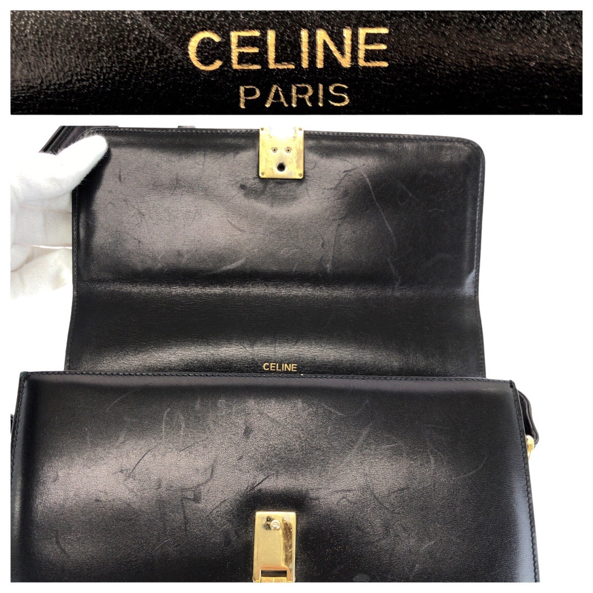 24733
CELINE セリーヌ ヴィンテージ ホースキャリッジ 馬車金具 ブラック 黒 ゴールド金具 レザー ショルダーバッグ ポシェット レディース ABP56