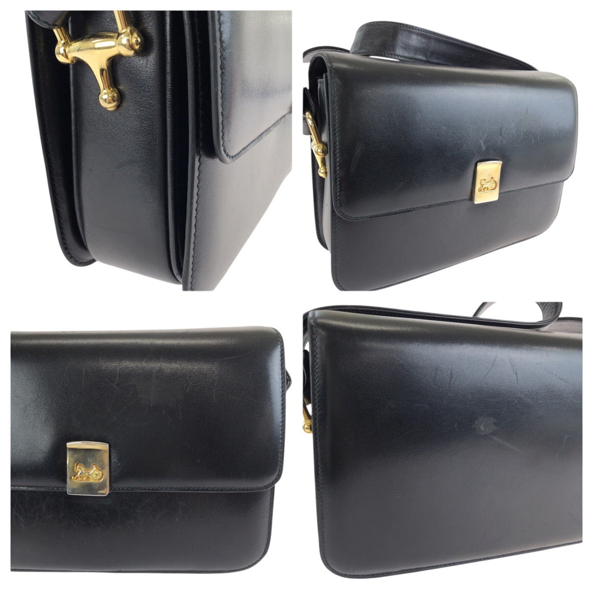 24733
CELINE セリーヌ ヴィンテージ ホースキャリッジ 馬車金具 ブラック 黒 ゴールド金具 レザー ショルダーバッグ ポシェット レディース ABP56