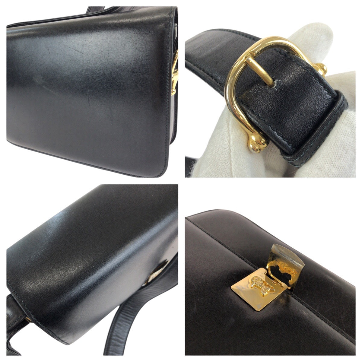 24733
CELINE セリーヌ ヴィンテージ ホースキャリッジ 馬車金具 ブラック 黒 ゴールド金具 レザー ショルダーバッグ ポシェット レディース ABP56