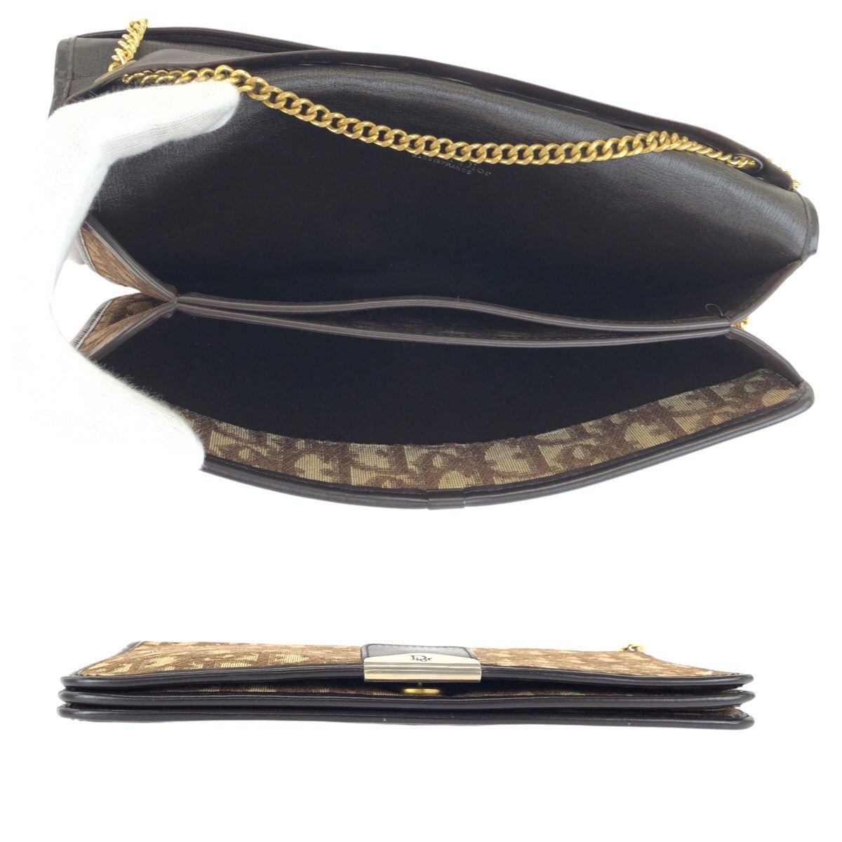 24735
Christian Dior クリスチャンディオール ヴィンテージ トロッター ベージュ ブラウン ゴールド金具 レザー / ジャガード チェーンショルダーバッグ ハンドバッグ ２WAY レディース AB28