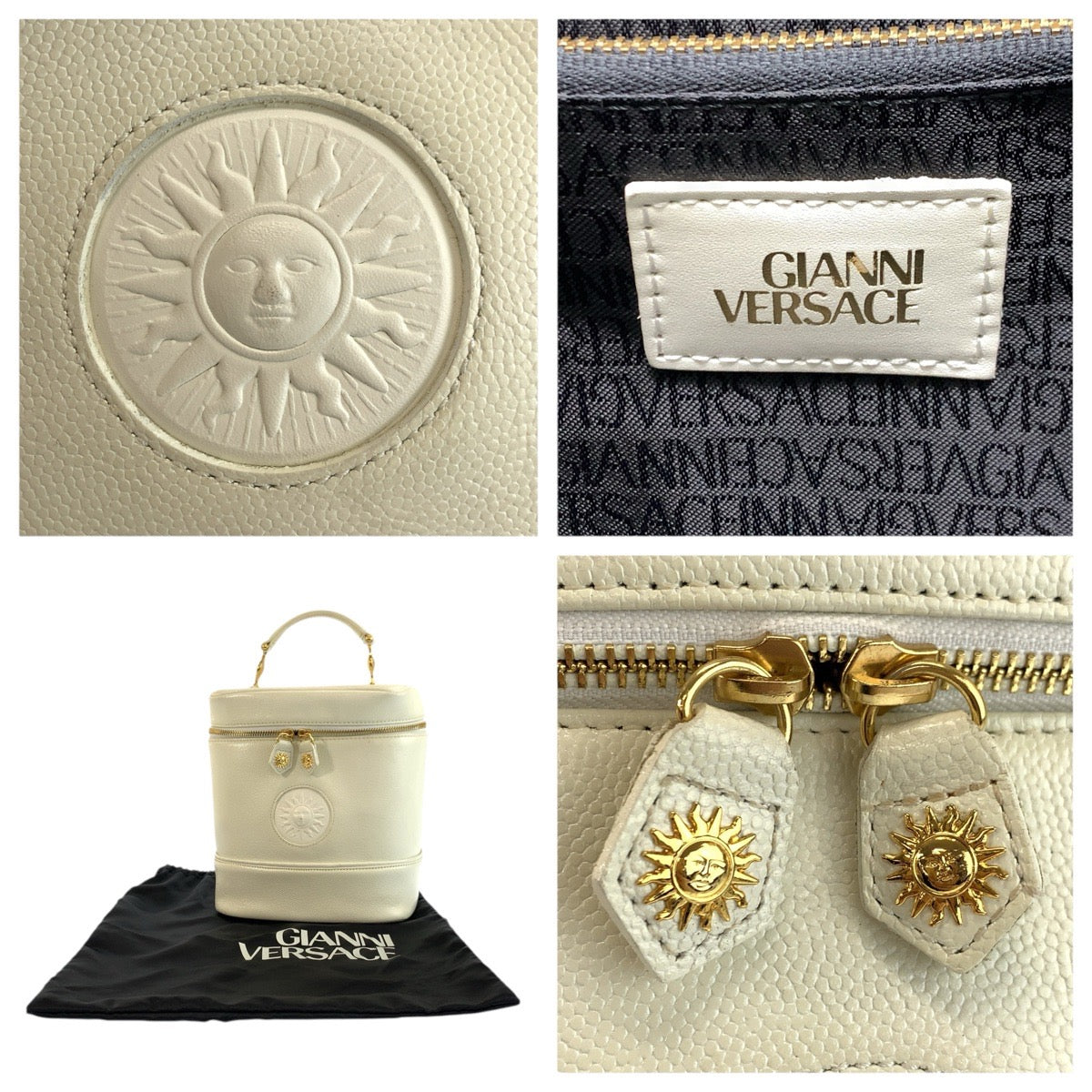 24740
VERSACE ヴェルサーチ ヴィンテージ サンバースト ホワイト アイボリー ゴールド金具 レザー ハンドバッグ バニティバッグ レディース ABP35