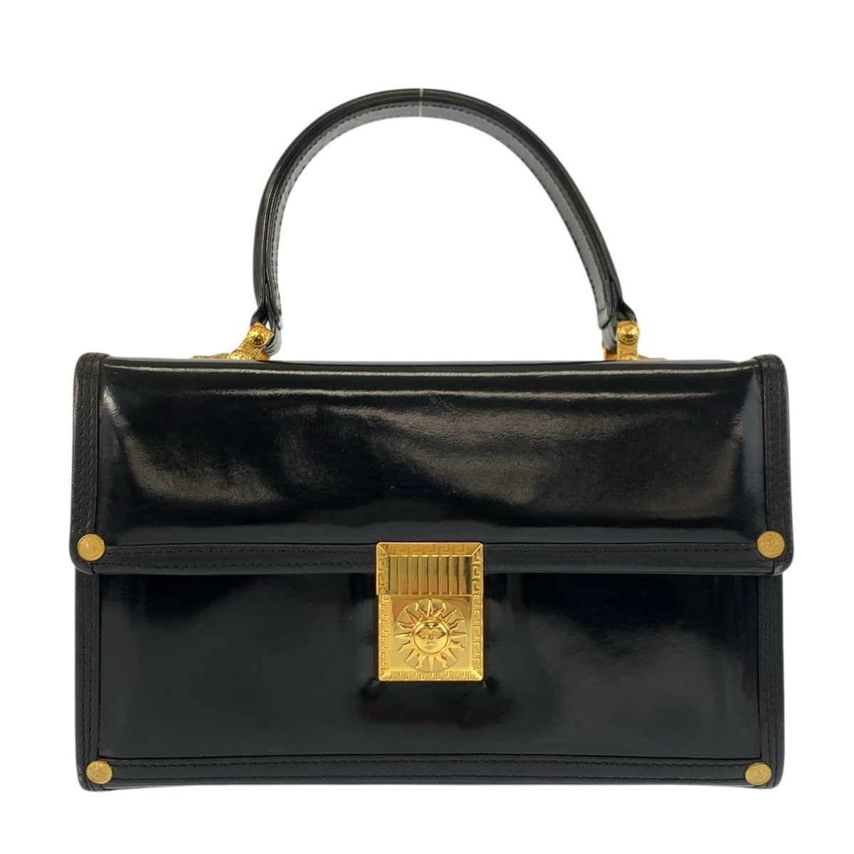24744
VERSACE ヴェルサーチ ヴィンテージ サンバースト ブラック 黒 ゴールド金具 エナメル ハンドバッグ バニティバッグ レディース ABP42
