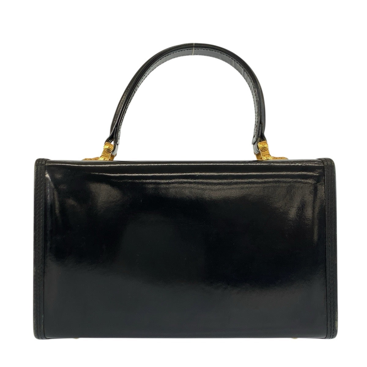 24744
VERSACE ヴェルサーチ ヴィンテージ サンバースト ブラック 黒 ゴールド金具 エナメル ハンドバッグ バニティバッグ レディース ABP42