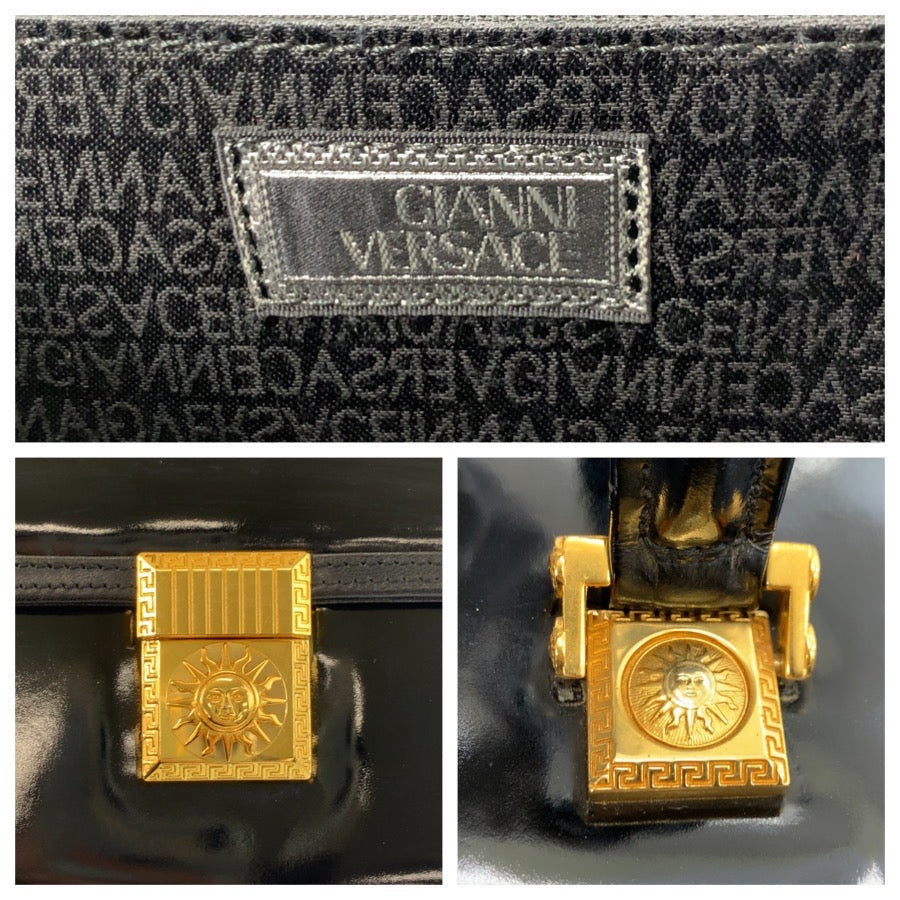 24744
VERSACE ヴェルサーチ ヴィンテージ サンバースト ブラック 黒 ゴールド金具 エナメル ハンドバッグ バニティバッグ レディース ABP42