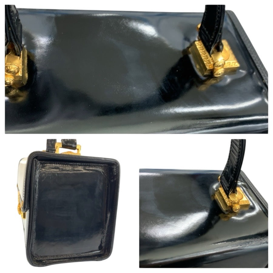 24744
VERSACE ヴェルサーチ ヴィンテージ サンバースト ブラック 黒 ゴールド金具 エナメル ハンドバッグ バニティバッグ レディース ABP42