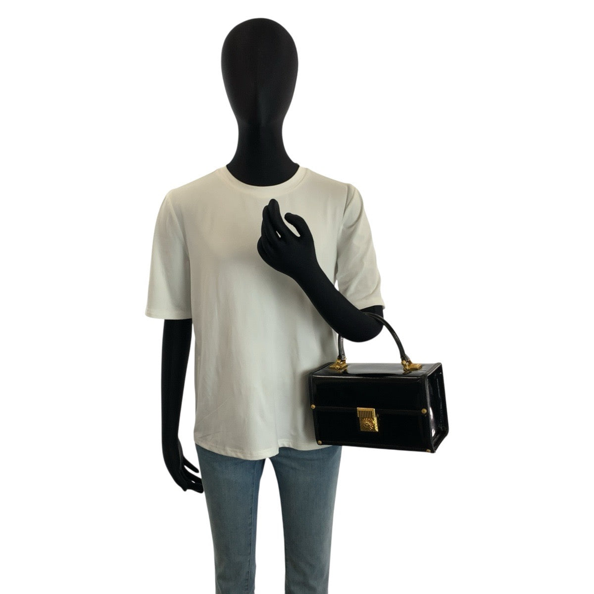24744
VERSACE ヴェルサーチ ヴィンテージ サンバースト ブラック 黒 ゴールド金具 エナメル ハンドバッグ バニティバッグ レディース ABP42