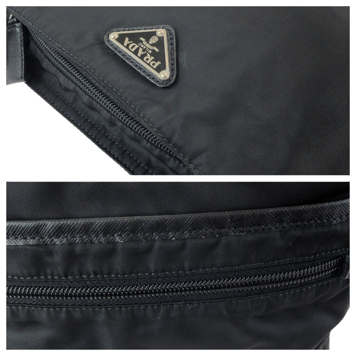 24795
PRADA プラダ テスート サフィアーノ 三角ロゴプレート ブラック 黒 シルバー金具 ナイロン / レザー ショルダーバッグ 男女兼用 レディース ABP36