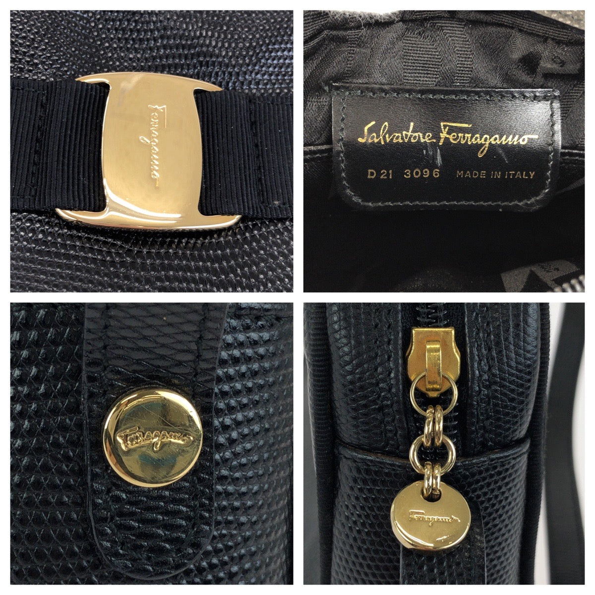24816
Salvatore Ferragamo サルヴァトーレフェラガモ ヴァラ 型押し ブラック 黒 ゴールド金具 レザー ショルダーバッグ ポシェット レディース ABP23