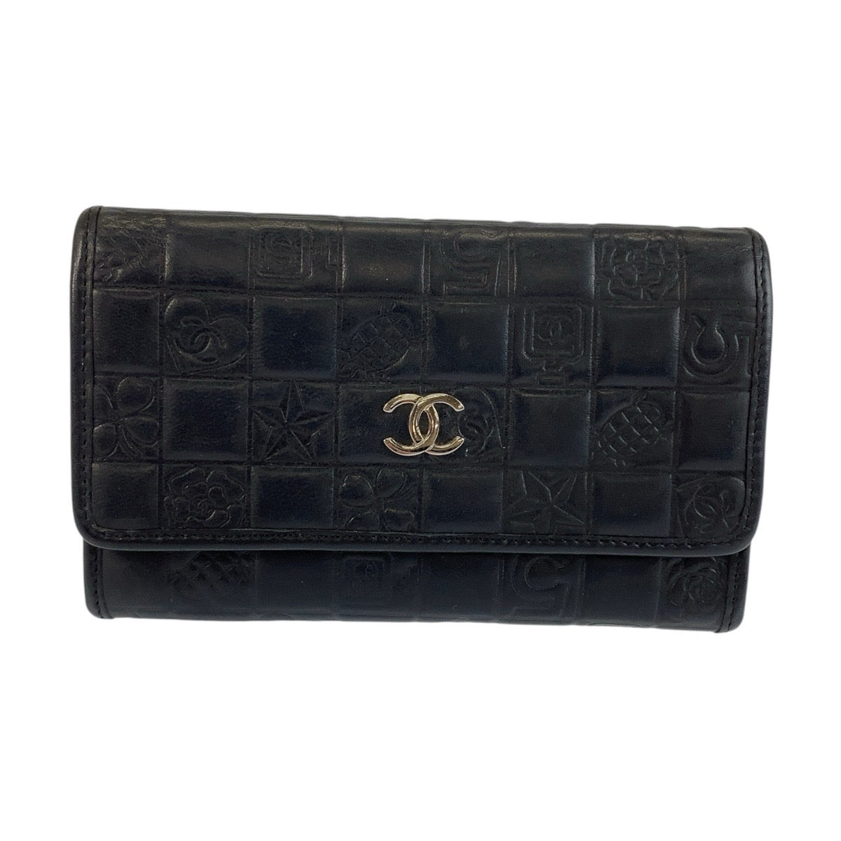 24905
CHANEL シャネル ココマーク 型押し ブラック 黒 シルバー金具 レザー 長財布 ロングウォレット レディース AB21
