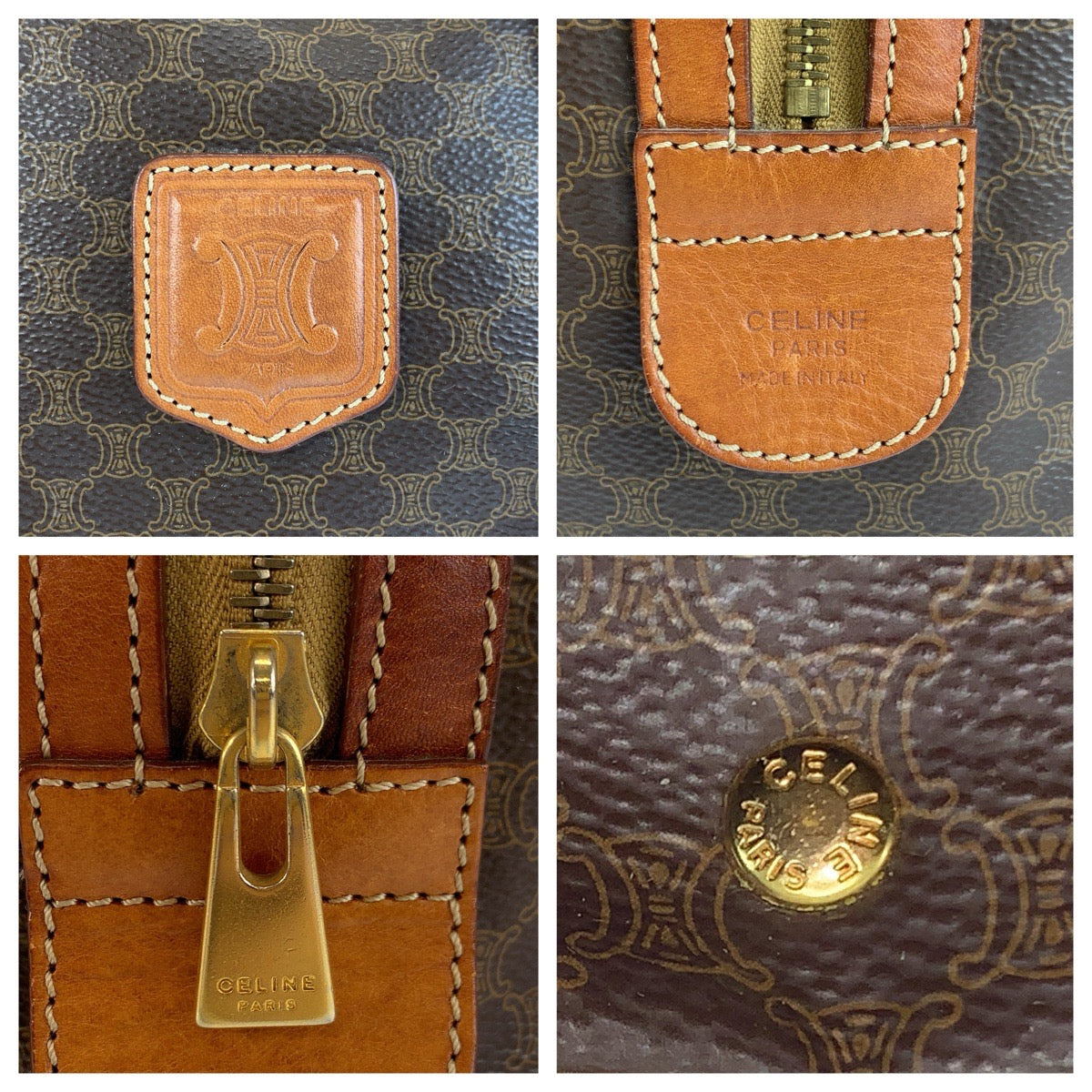 24959
CELINE セリーヌ ヴィンテージ マカダム ブラウン ゴールド金具 PVC / レザー ハンドバッグ ボストンバッグ レディース AB14