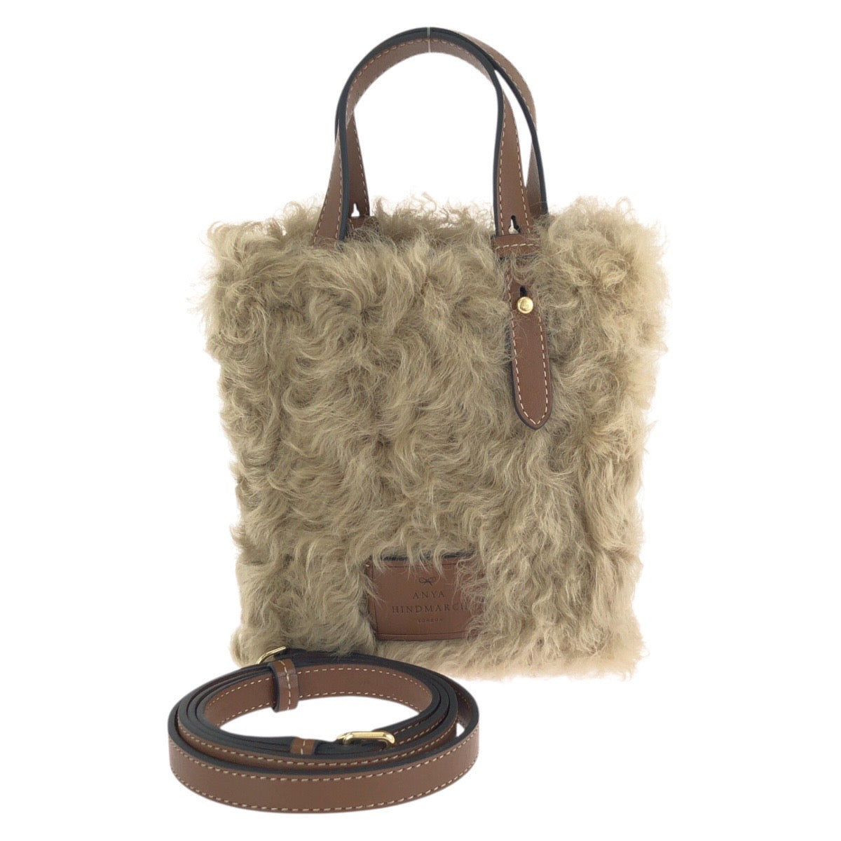 24964
Anya Hindmarch アニヤ ハインドマーチ Eyes ベージュ ブラウン ゴールド金具 シープスキン / レザー ショルダーバッグ ポシェット レディース N60