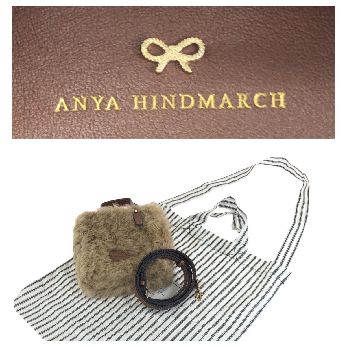 24964
Anya Hindmarch アニヤ ハインドマーチ Eyes ベージュ ブラウン ゴールド金具 シープスキン / レザー ショルダーバッグ ポシェット レディース N60