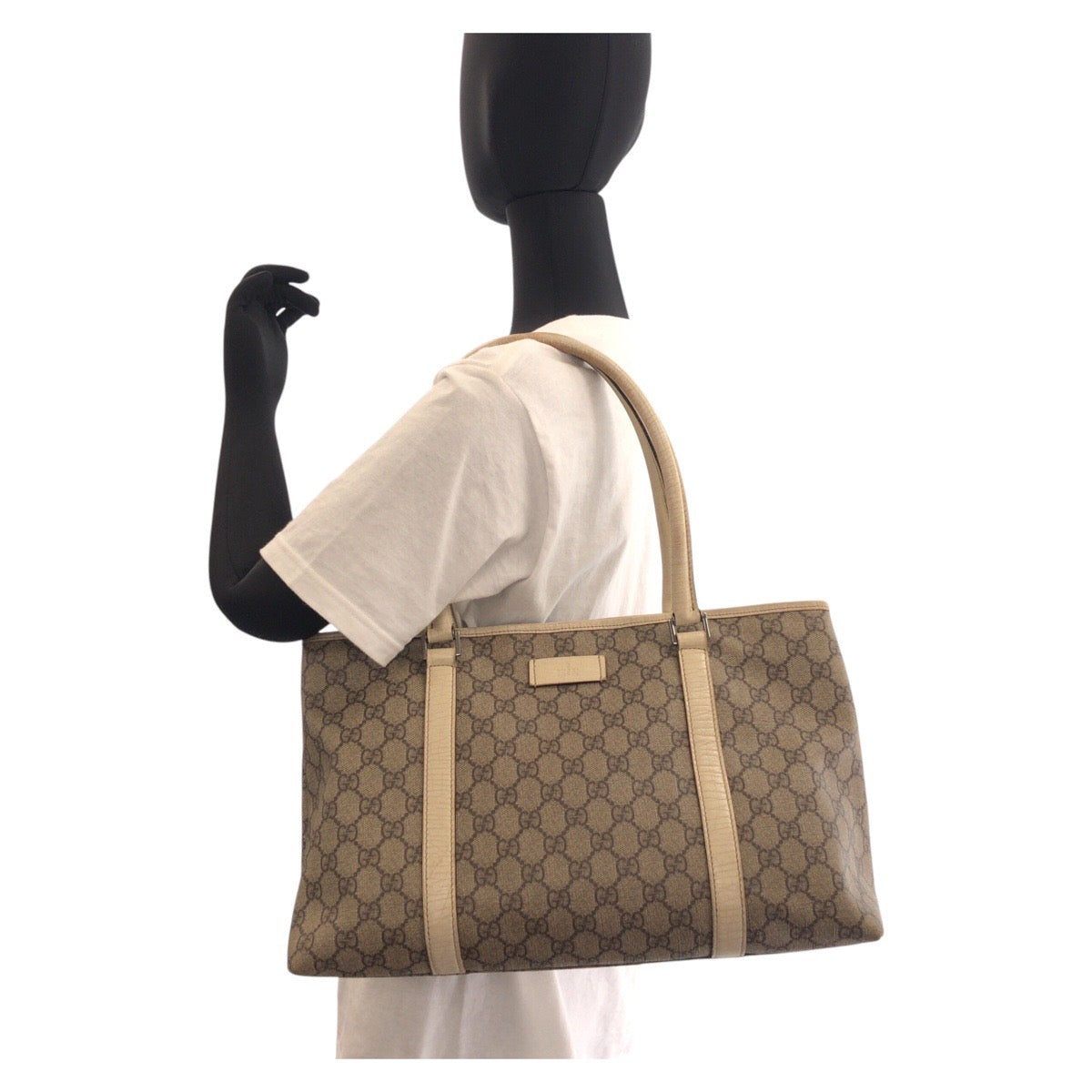 GUCCI グッチ ベージュ ホワイト白 GGスプリームキャンバス / レザー 114595 トートバッグ ショルダーバッグ レディース AB38