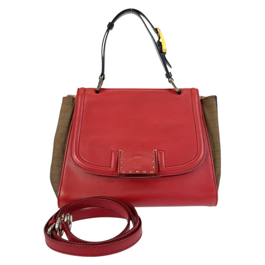 FENDI フェンディ ペカン シルヴァーナ レッド ブラウン レザー / キャンバス ハンドバッグ ショルダーバッグ 2way レディース B30