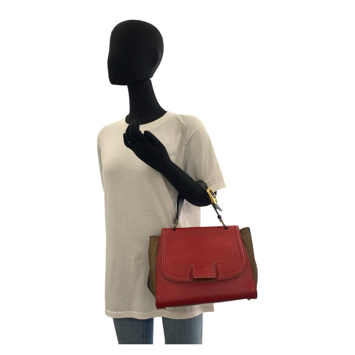 FENDI フェンディ ペカン シルヴァーナ レッド ブラウン レザー / キャンバス ハンドバッグ ショルダーバッグ 2way レディース B30