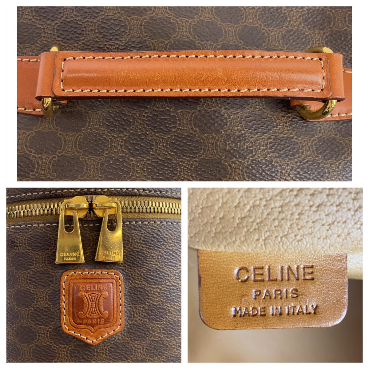CELINE セリーヌ ヴィンテージ マカダム ブラウン ゴールド金具 PVC / レザー ハンドバッグ バニティバッグ アクセサリーポーチ レディース A46