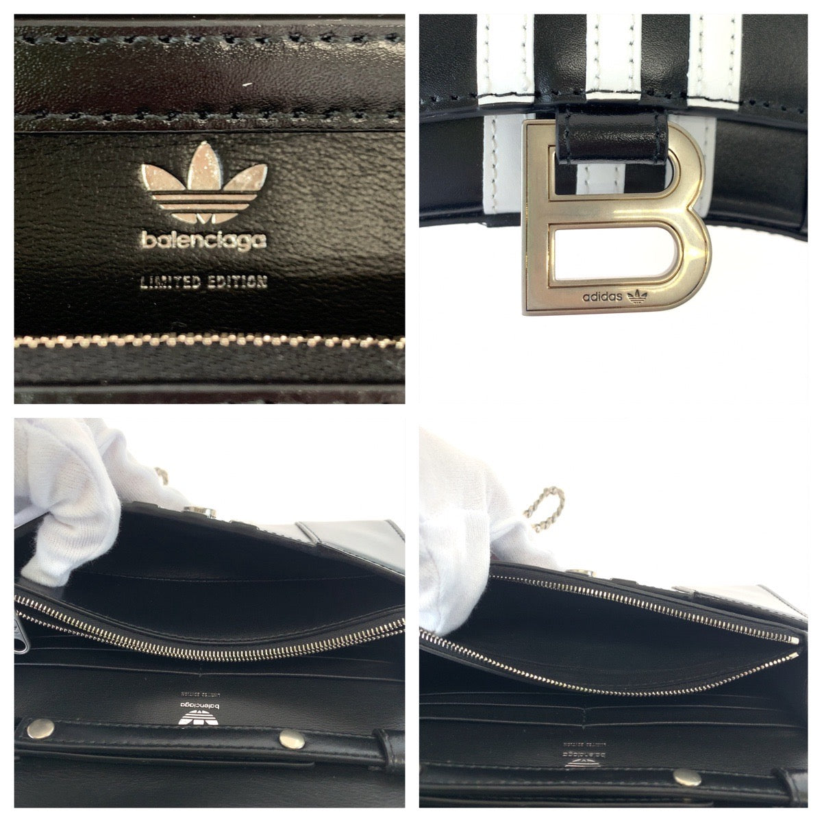 BALENCIAGA バレンシアガ アディダスコラボ アワーグラス Hourglass Wallet On Chain ブラック ホワイト レザー 2304BLSJJ BAL3145 チェーンウォレット ショルダーバッグ レディース N170
