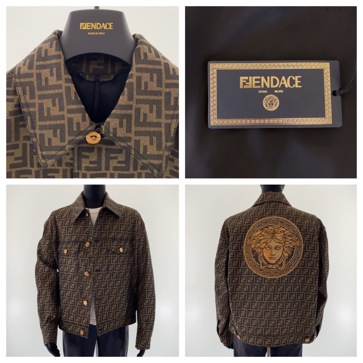 25018
FENDI フェンディ FENDACE フェンダーチェ ズッカ柄 メデューサ フェンディ ヴェルサーチェ コラボ サイズ52 ガーメント ハンガー付属 ブラウン ポリエステル / コットン ズッカ柄 メデューサ ジャガード ブレザー ジャケット メンズ SA380