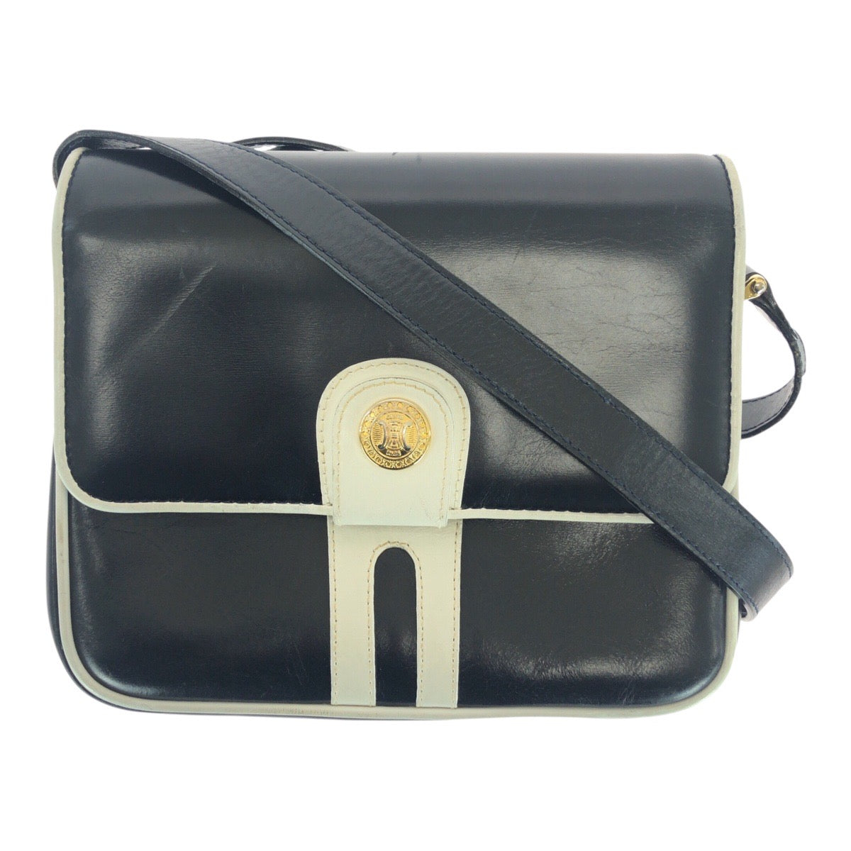 25042
CELINE セリーヌ ヴィンテージ ネイビー ホワイト ゴールド金具 レザー M08 ショルダーバッグ ポシェット レディース ABP35