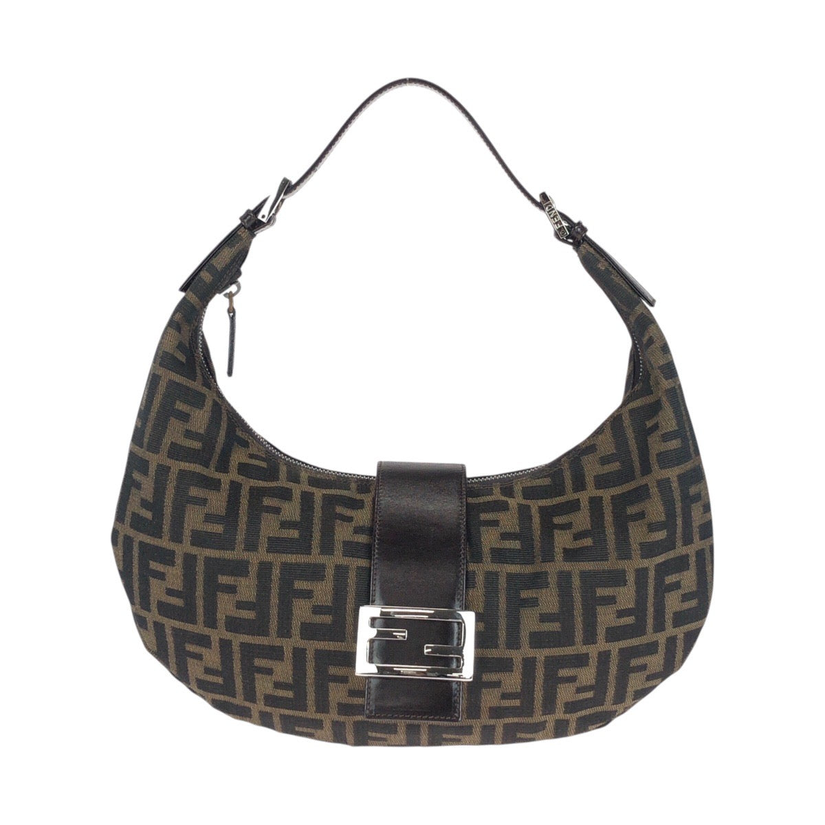 25043
FENDI フェンディ ヴィンテージ ズッカ マンマバケット 三日月型 ムーンバッグ ブラウン シルバー金具 キャンバス / レザー ショルダーバッグ ハンドバッグ レディース A210