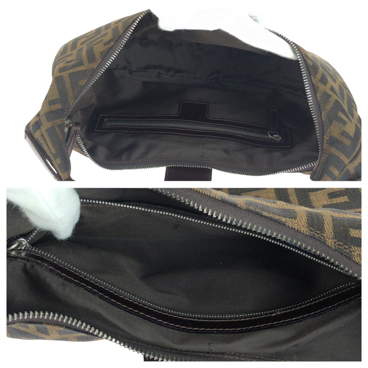 25043
FENDI フェンディ ヴィンテージ ズッカ マンマバケット 三日月型 ムーンバッグ ブラウン シルバー金具 キャンバス / レザー ショルダーバッグ ハンドバッグ レディース A210