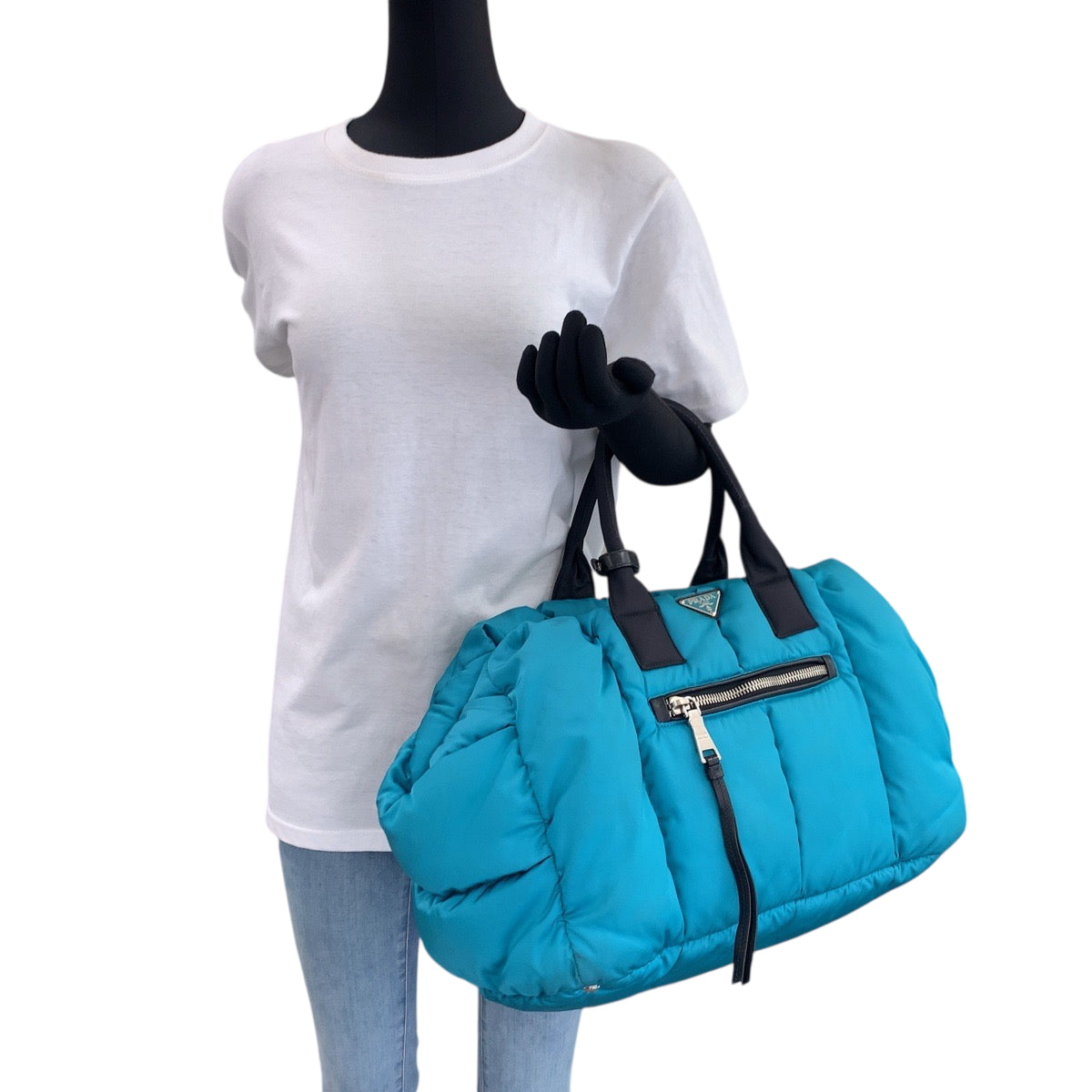 25049
PRADA プラダ テスート ボンバー 三角ロゴプレート ターコイズ ブラック シルバー金具 ナイロン BN2635 ショルダーバッグ トートバッグ 2way レディース ABP96