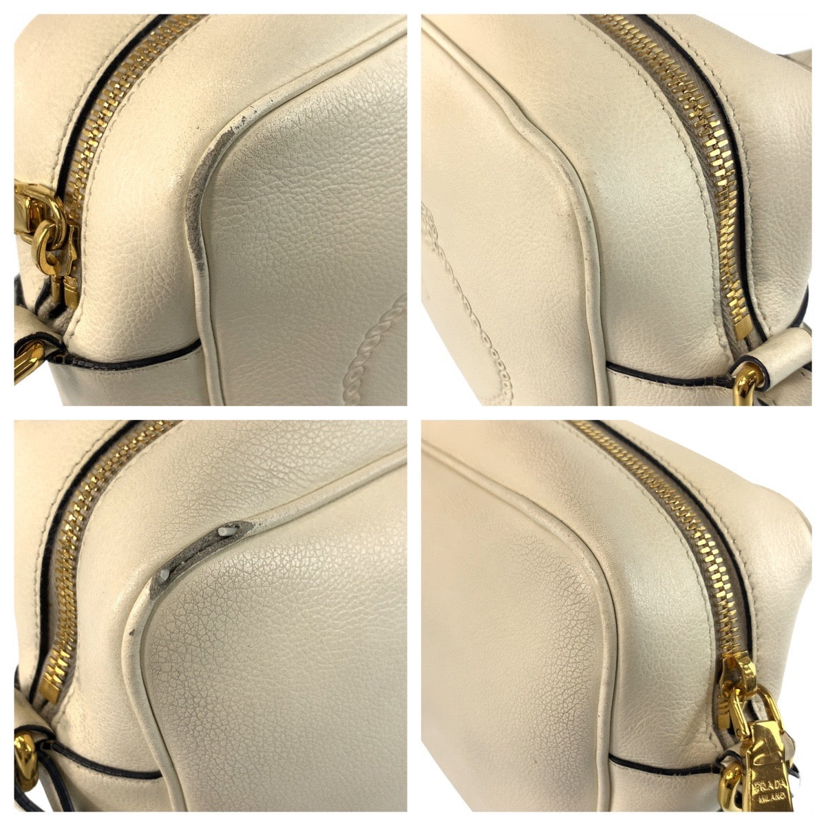 25050
PRADA プラダ ロゴ型押し ホワイト ゴールド金具 レザー ショルダーバッグ ポシェット レディース AB55