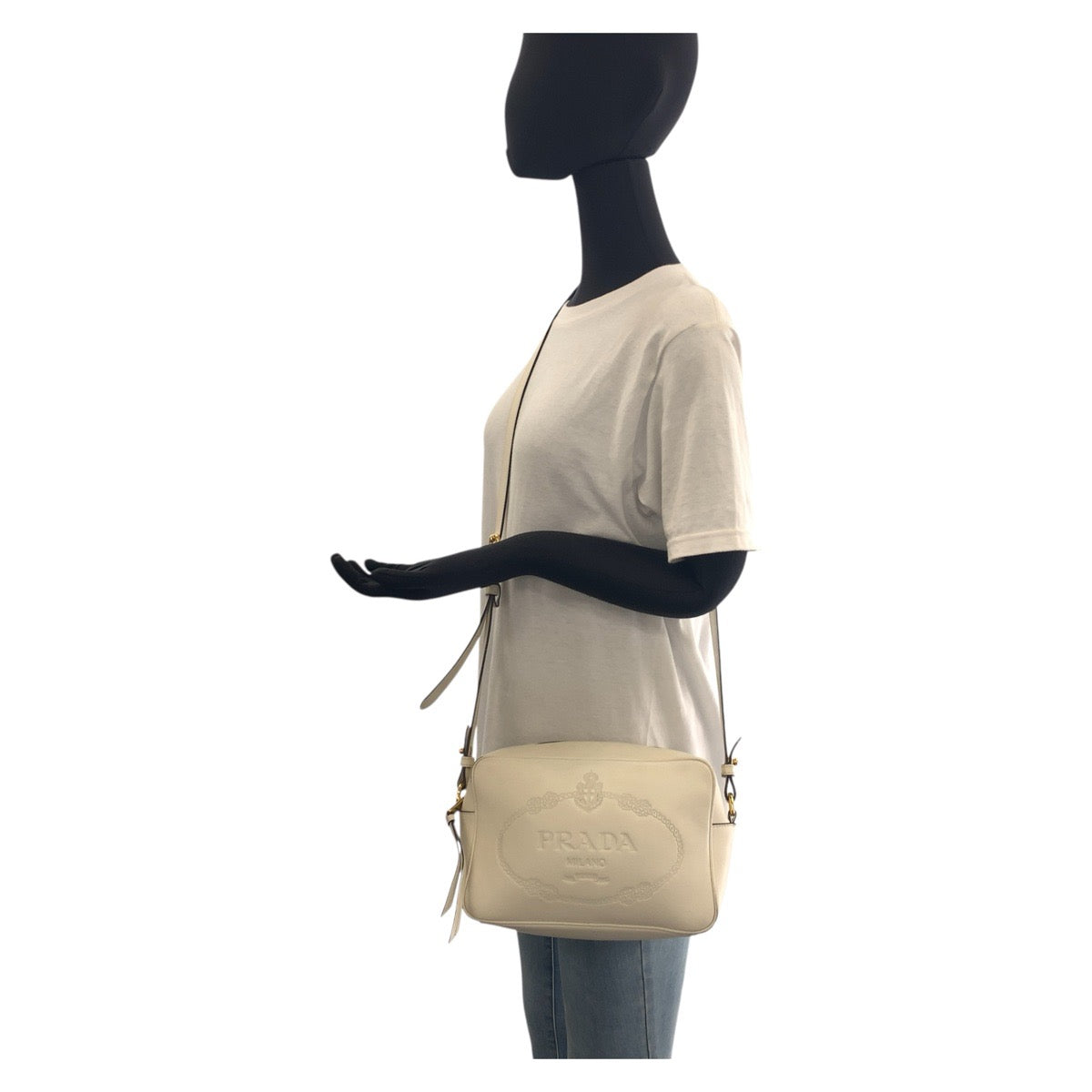 25050
PRADA プラダ ロゴ型押し ホワイト ゴールド金具 レザー ショルダーバッグ ポシェット レディース AB55