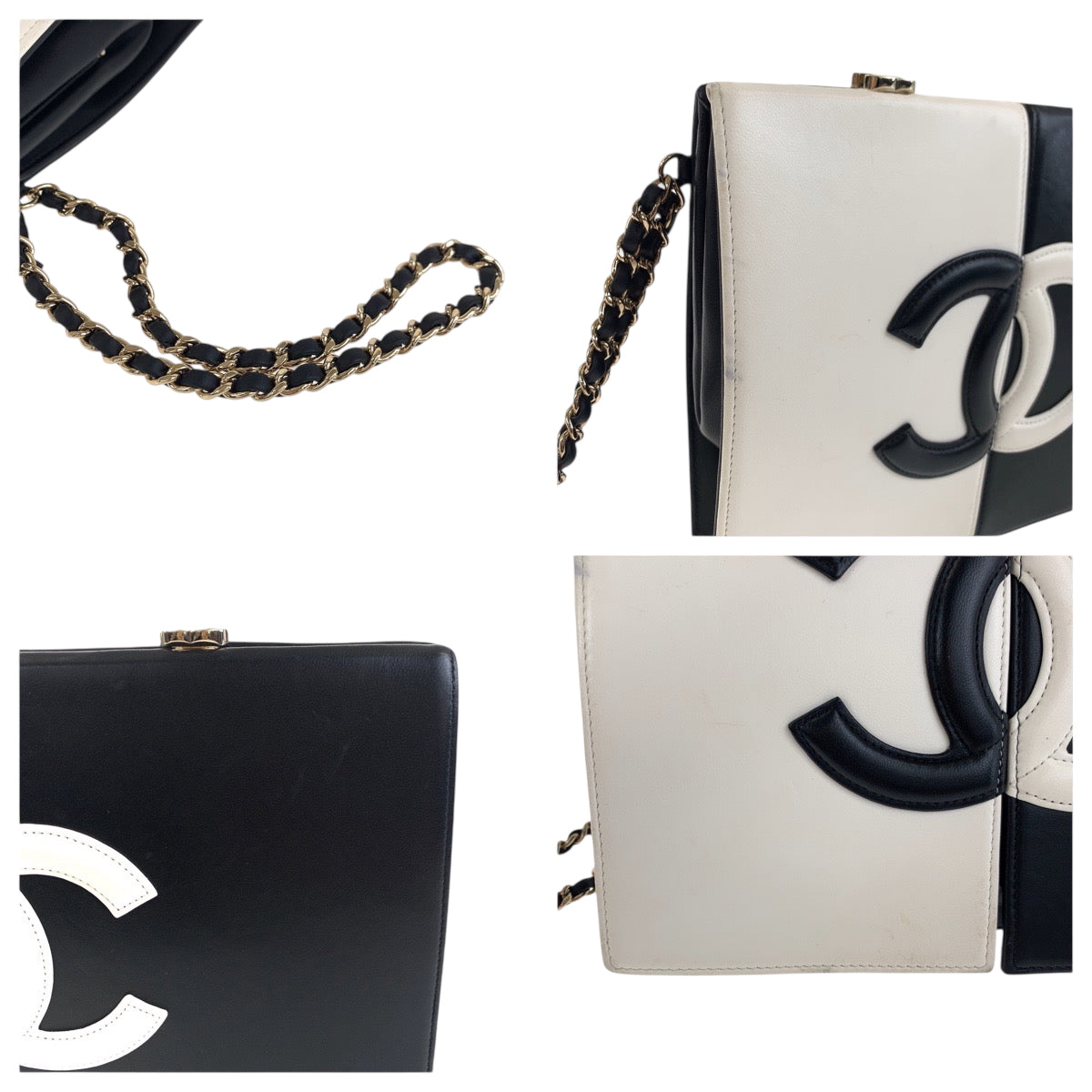 25052
CHANEL シャネル ココマーク ホワイト ブラック ゴールド金具 ラムスキン チェーン クラッチバッグ セカンドバッグ レディース A340