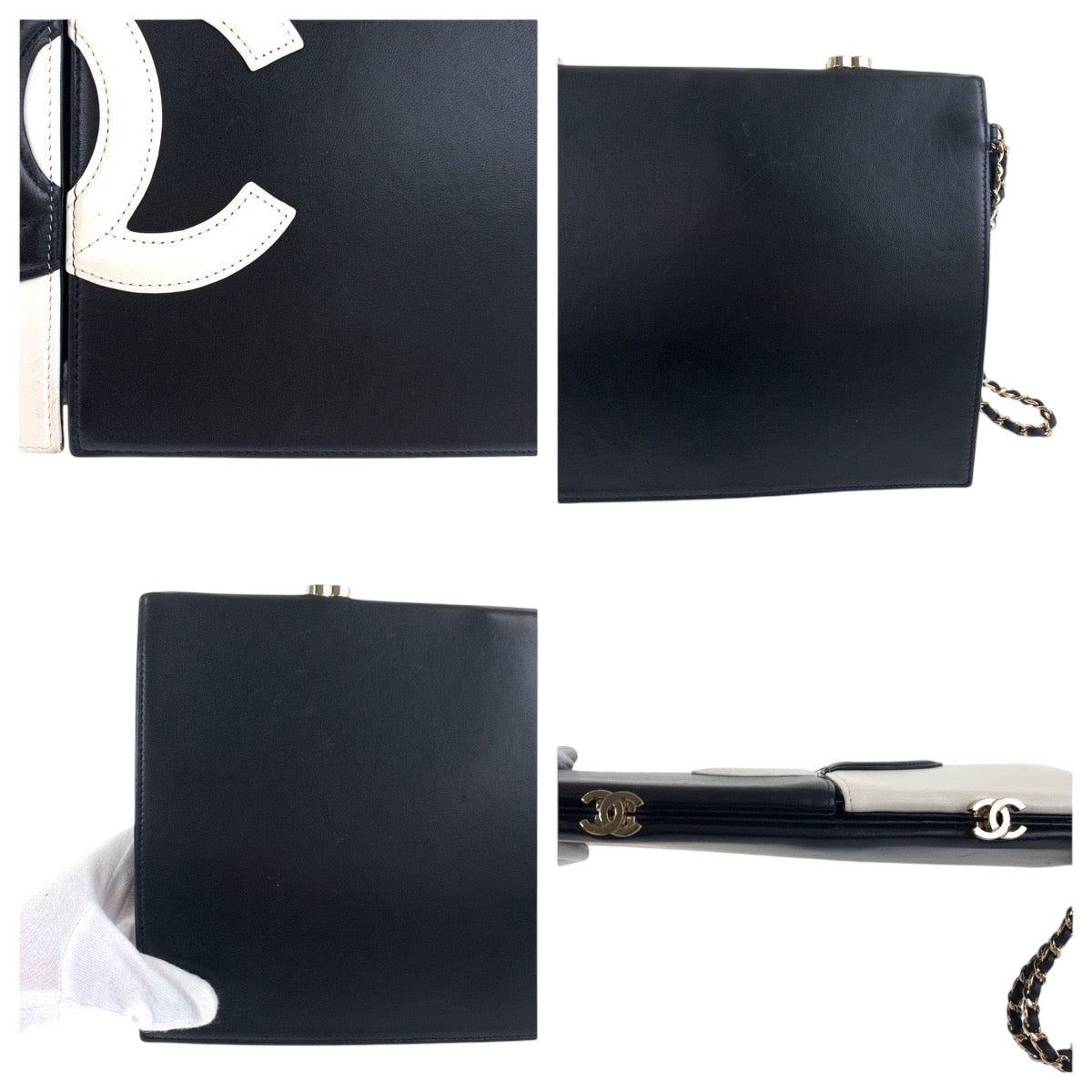 25052
CHANEL シャネル ココマーク ホワイト ブラック ゴールド金具 ラムスキン チェーン クラッチバッグ セカンドバッグ レディース A340
