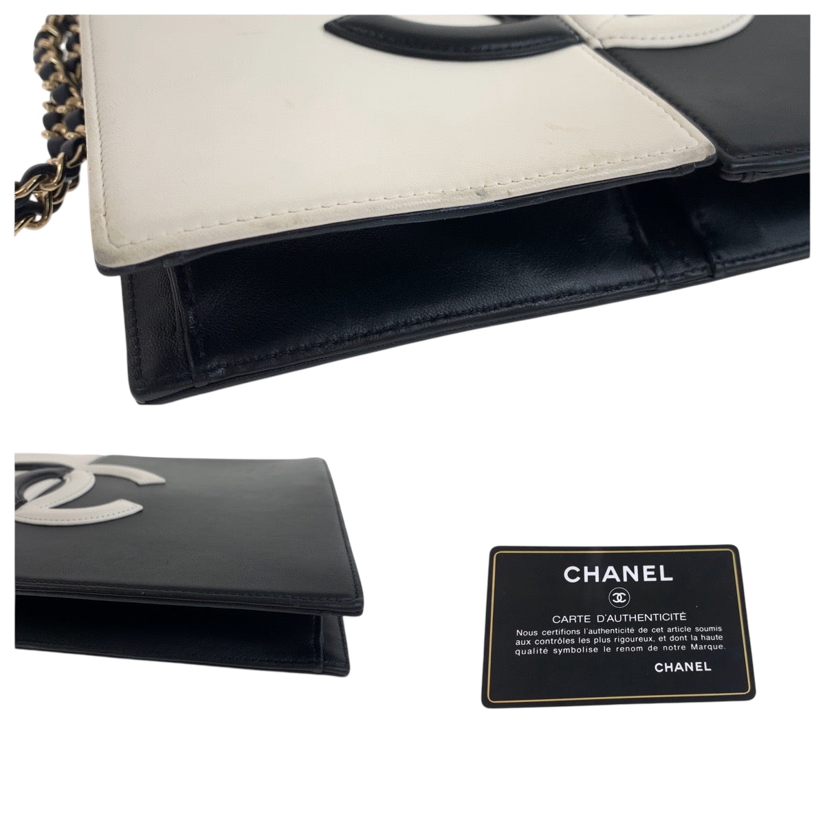 25052
CHANEL シャネル ココマーク ホワイト ブラック ゴールド金具 ラムスキン チェーン クラッチバッグ セカンドバッグ レディース A340