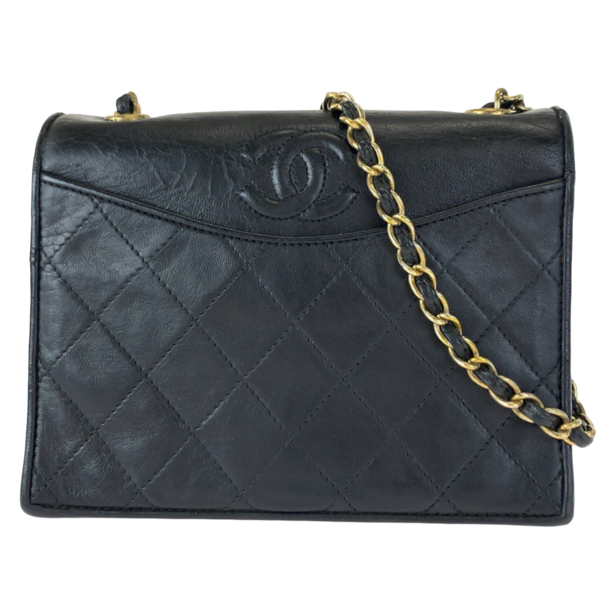25063
CHANEL シャネル ヴィンテージ マトラッセ シングルフラップ ココマーク ブラック 黒 ゴールド金具 ラムスキン 斜め掛け チェーンショルダーバッグ ポシェット レディース AB155