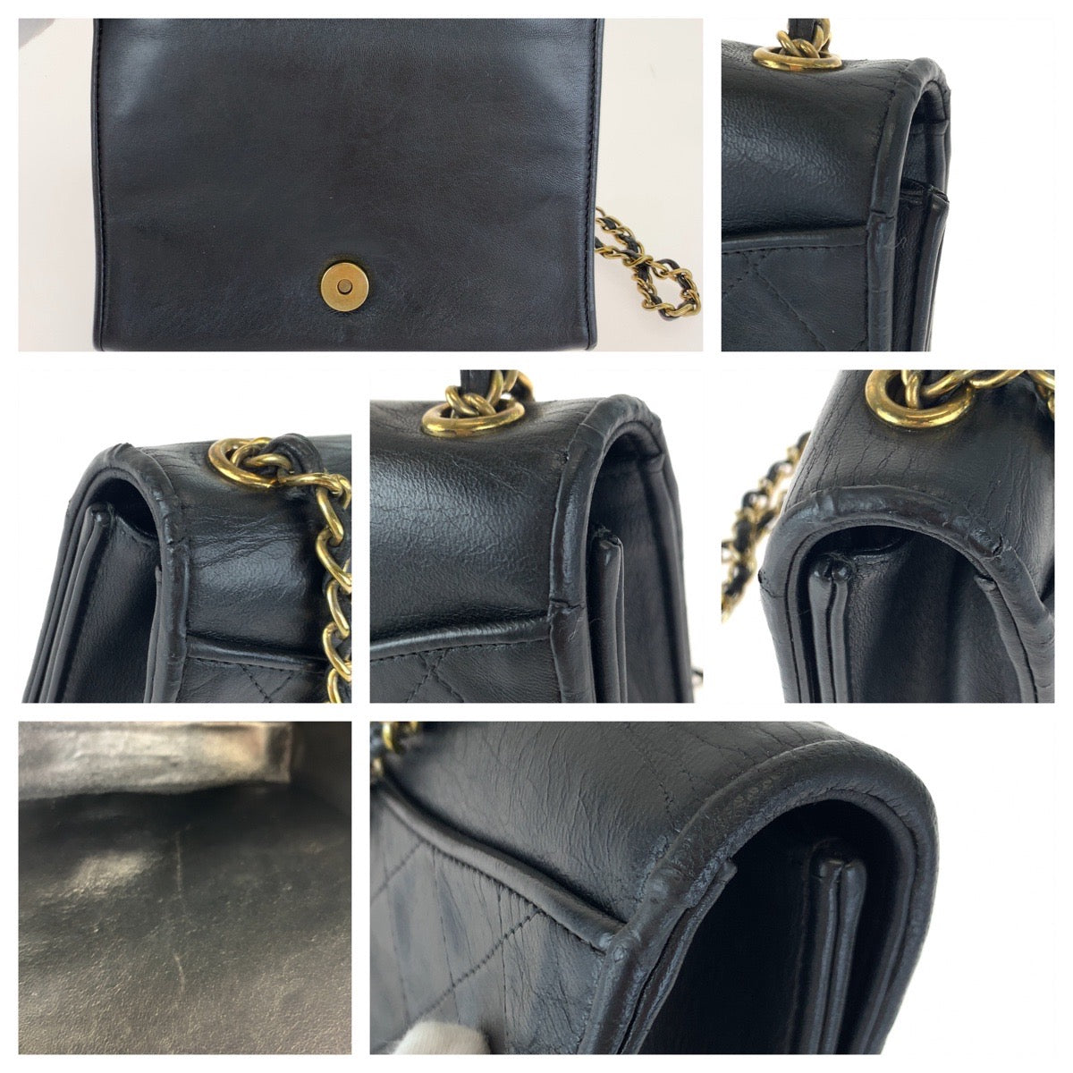 25063
CHANEL シャネル ヴィンテージ マトラッセ シングルフラップ ココマーク ブラック 黒 ゴールド金具 ラムスキン 斜め掛け チェーンショルダーバッグ ポシェット レディース AB155