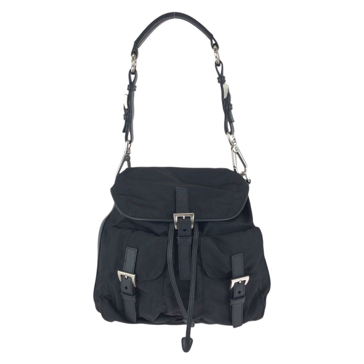 25094
PRADA プラダ テスート サフィアーノ 三角ロゴプレート ブラック 黒シルバー金具 ナイロン / レザー ショルダーバッグ ポシェット レディース ABP42
